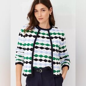 NWT! Women's Ann Taylor Chunky Knit‎ Geometric Striped Cardigan Medium Textured